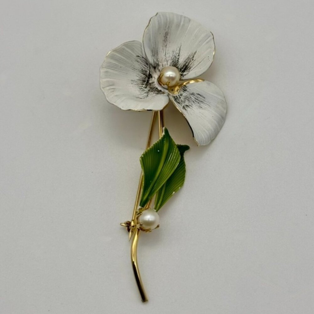 Vintage Hattie Carnegie Pansy Brooch, Hand Painted, Enamel Gold Tone Faux Pearls